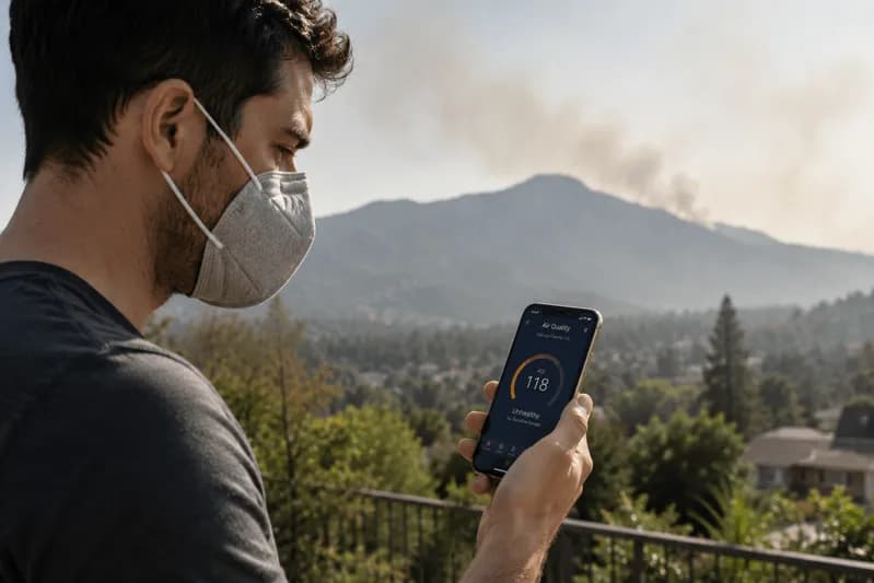 Homeowner checks AQI levels on a smartphone while wildfire smoke affects local air quality