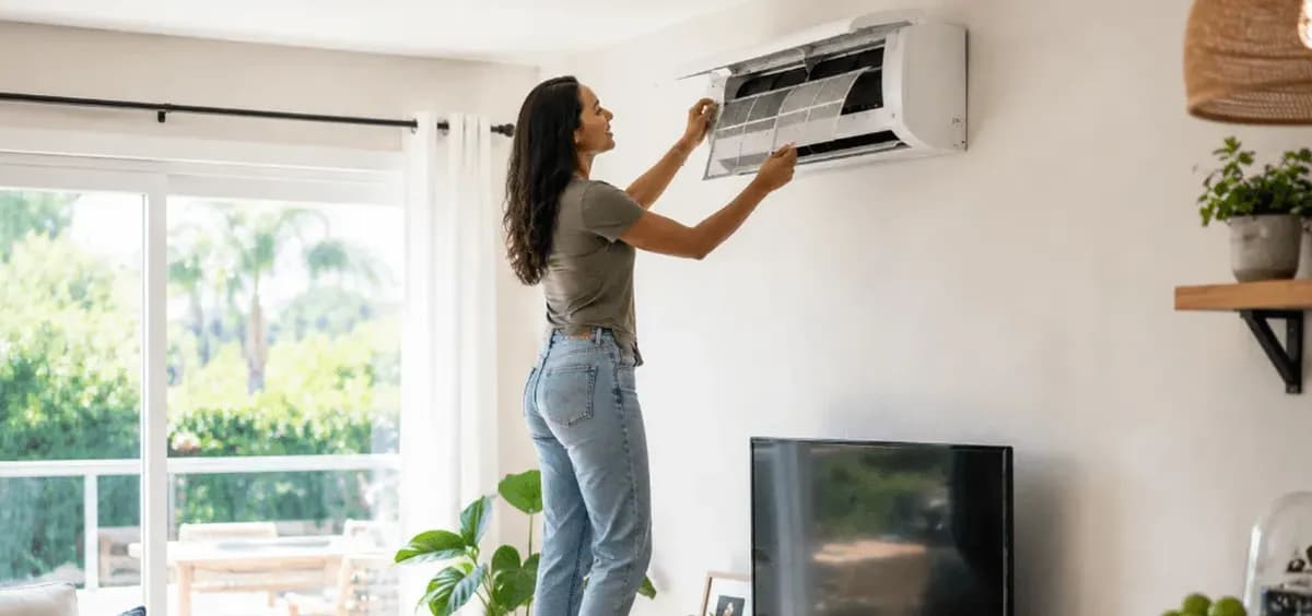 Homeowner opening the front panel of a wall-mounted ductless mini split to check the air filter.