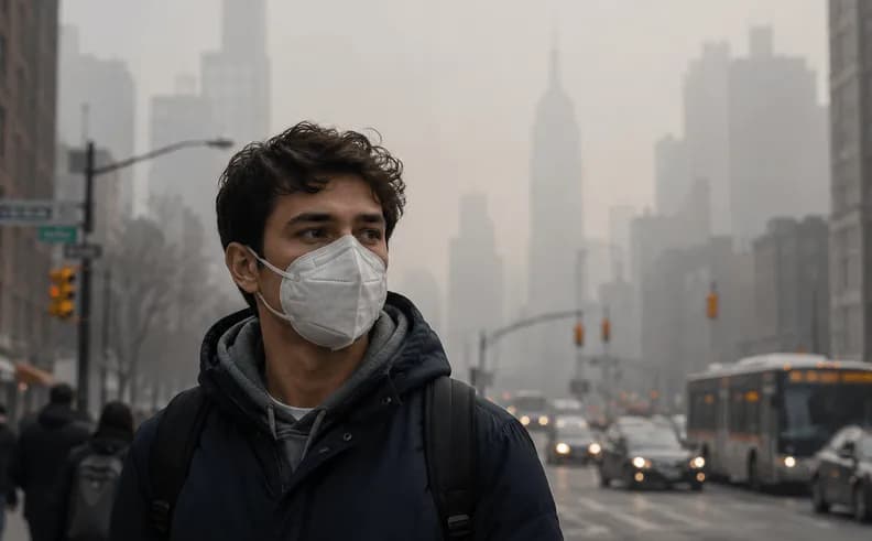 An image of a young man wearing a protective face mask while walking through a city affected by air pollution and poor air quality.