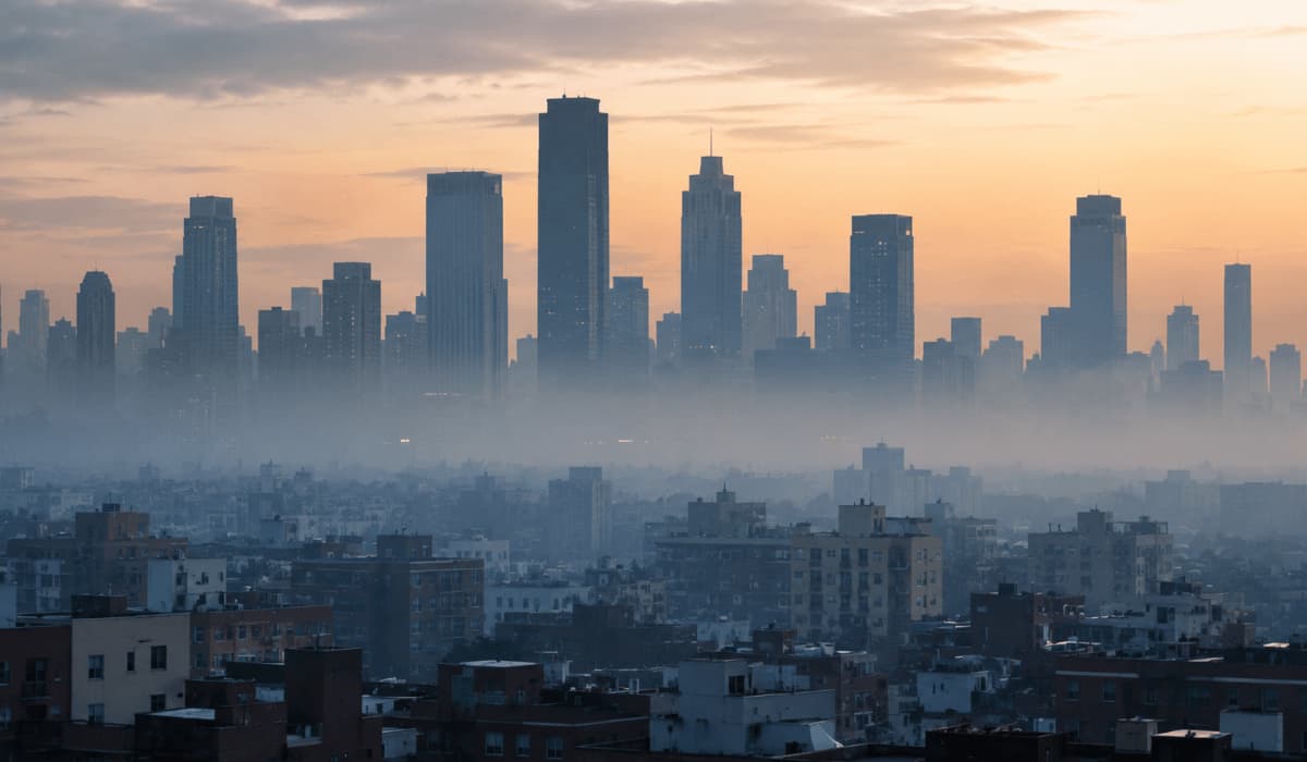 Haze settles over a city skyline at dawn, illustrating ambient air pollution exposure.