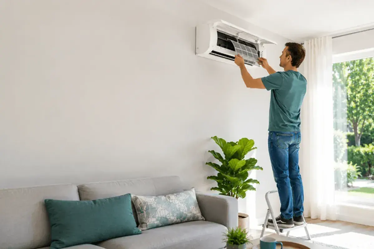 Fresh, light, modern feel per Filterbuy guidelines. Subtle green/blue accent in styling or décor. Alt text: “Homeowner removing the washable filter from a wall-mounted mini split for cleaning.