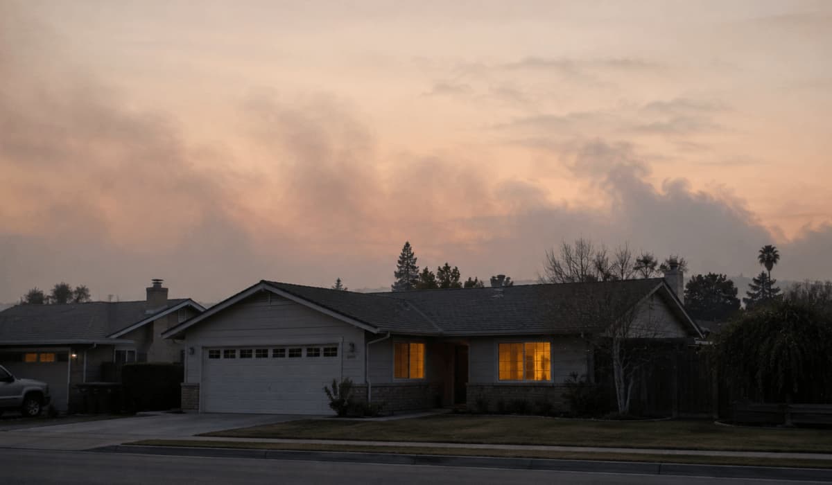 Home at dusk under hazy outdoor air, with windows closed to limit outdoor pollution.
