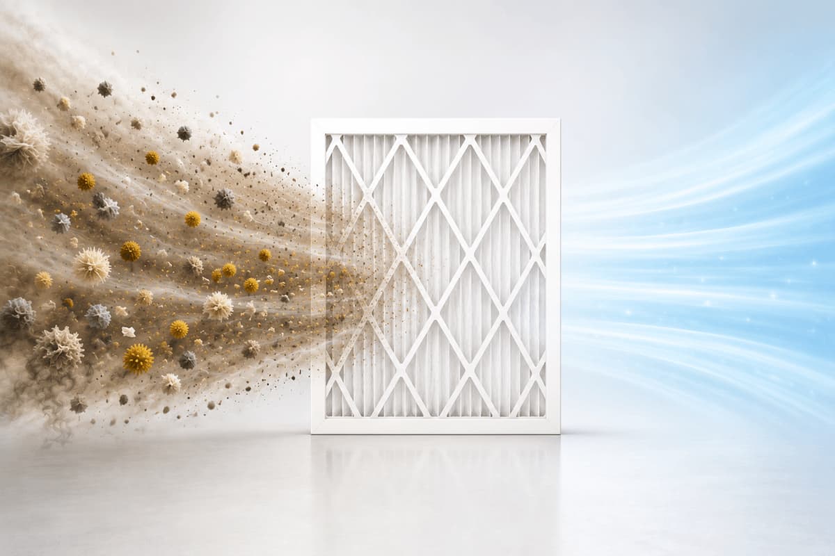 Filterbuy white-framed HVAC air filter trapping dust, pollen, pet dander, and smoke while allowing clean air to flow through for healthier indoor air quality.