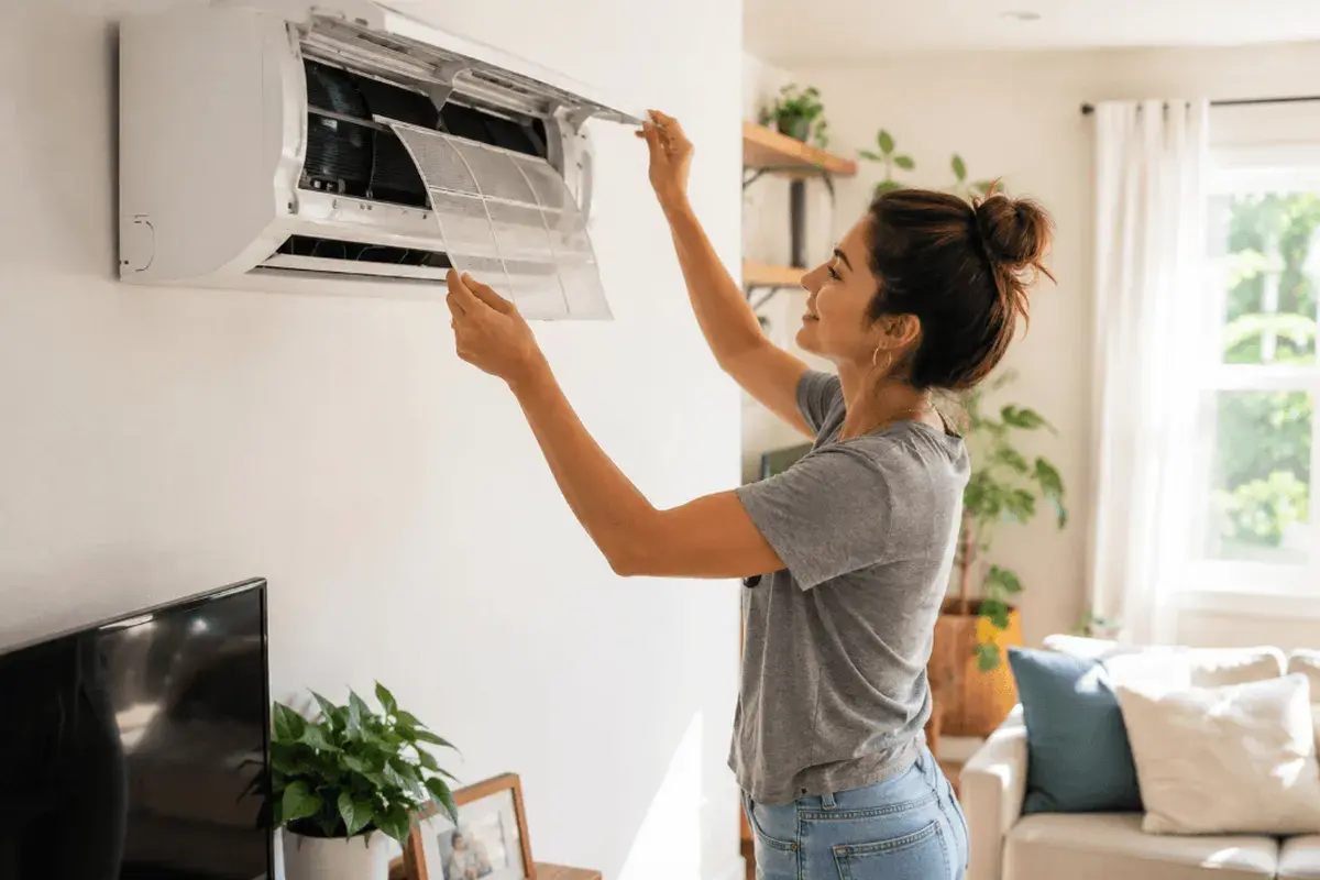 Homeowner opening a wall-mounted mini split to remove the washable mesh air filter for cleaning.