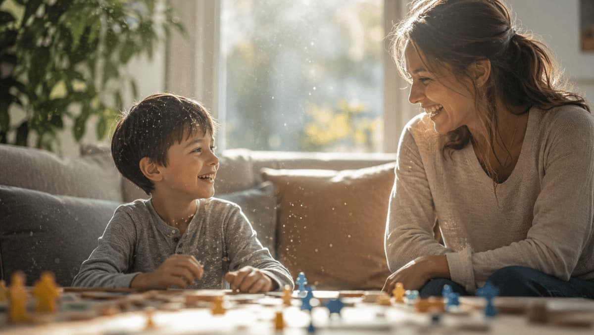 Image of a woman and child playing a board game as sunlight reveals fine airborne particles inside the home.