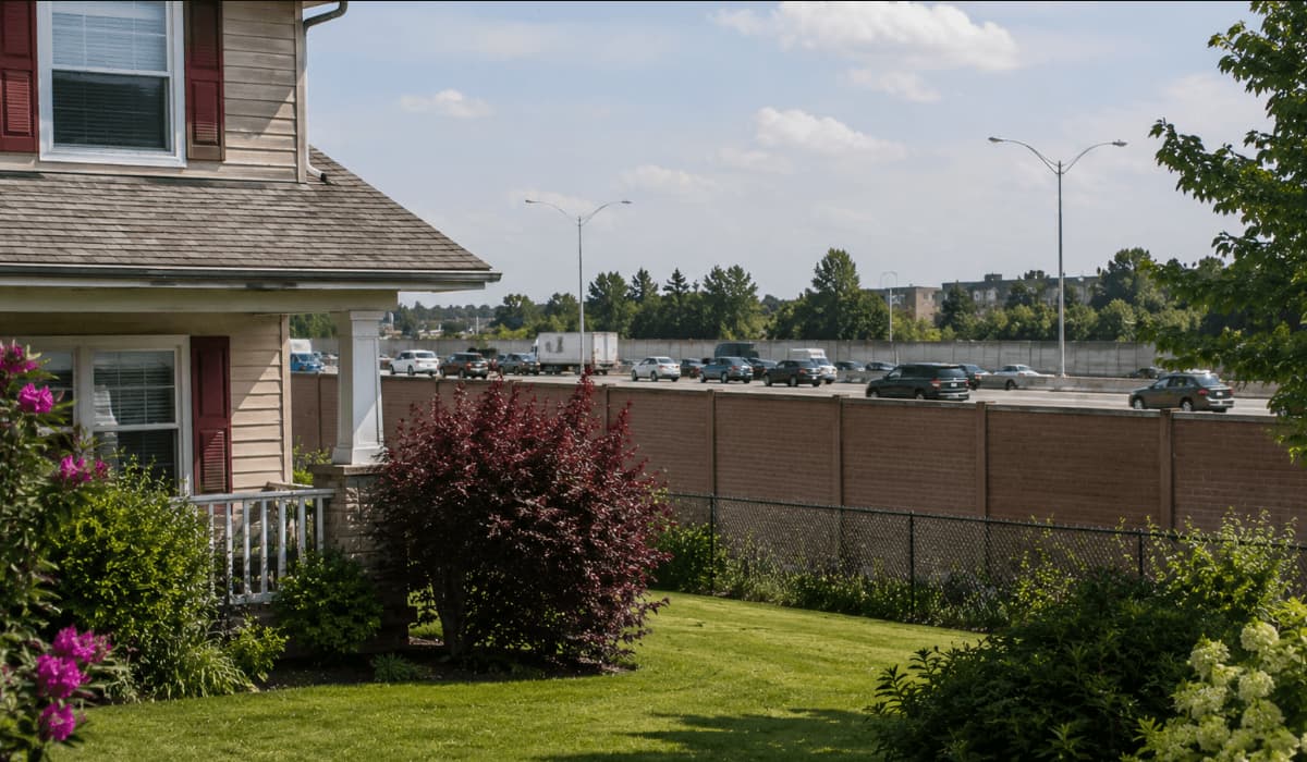 A single-family home sits a few hundred feet from a multi-lane highway behind a concrete sound wall.