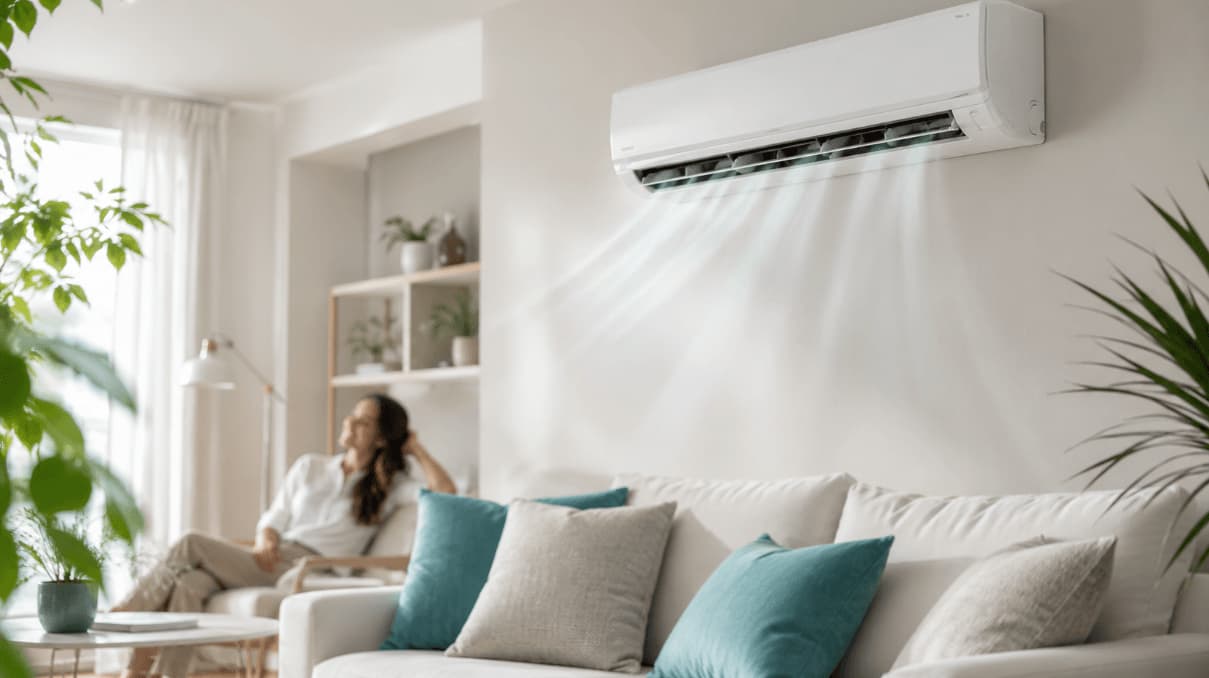 White wall-mounted ductless mini split running in a bright, clean living room.