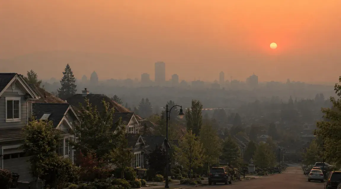 Smoky haze blankets a residential skyline during wildfire season, causing poor outdoor air quality and smoky odors.