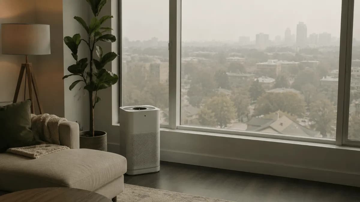 Air purifier running indoors during high AQI with smoky outdoor air visible through a large living room window.