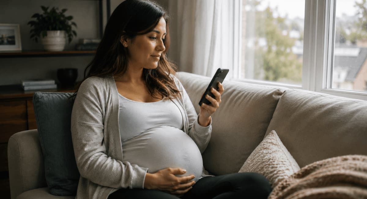 Pregnant woman checking air quality on her phone to reduce air pollution exposure during pregnancy.
