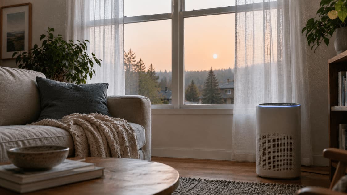 Portable air purifier cleaning indoor air after wildfire smoke with hazy skies outside the window.