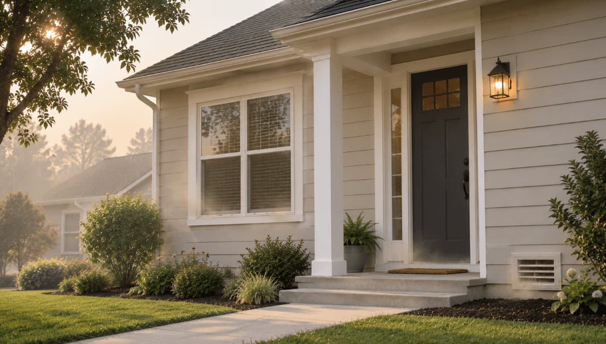 Outdoor air pollution entering a home through window gaps, door seals, and an exterior air vent.