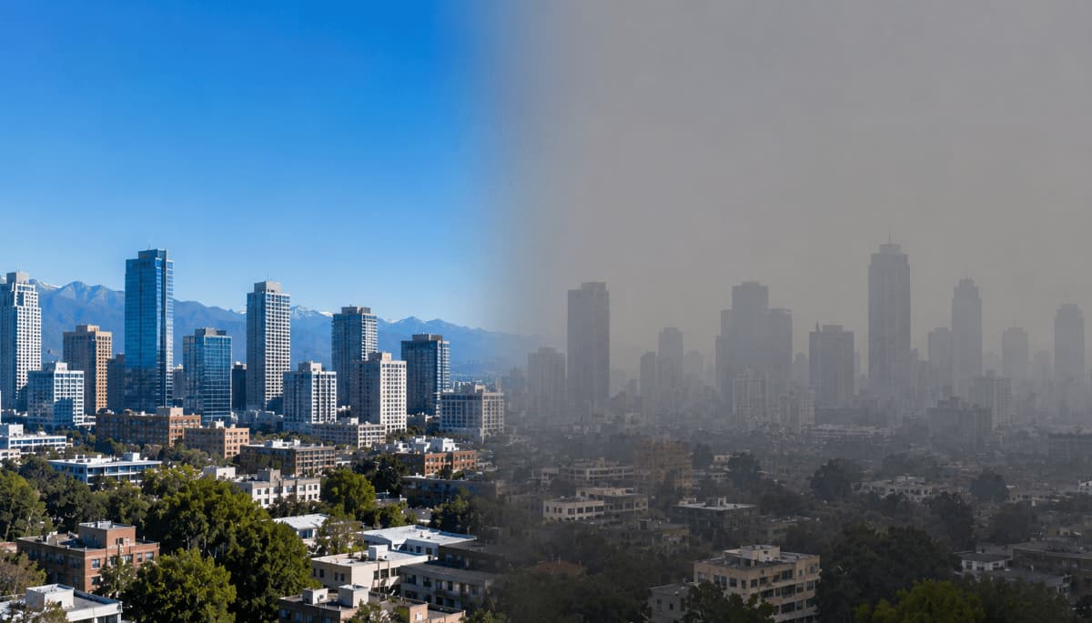 Two city skylines side by side, one under clear air and one under heavy haze, illustrating global differences in PM2.5 pollution.
