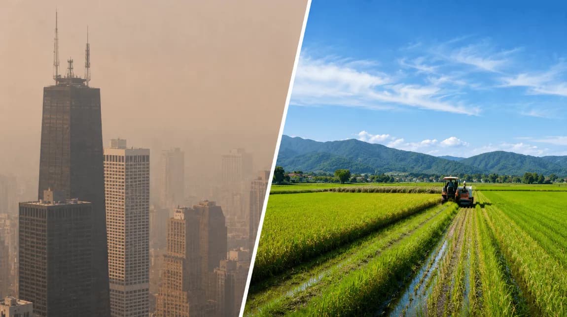 Split photo comparing hazy city air on the left with a dusty rural field under clear sky on the right, illustrating the different pollution profiles of urban and rural air quality