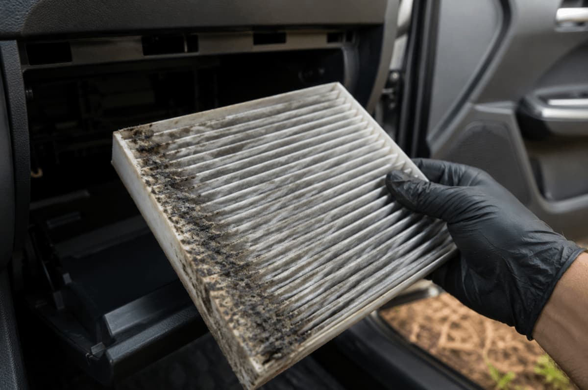 Hand holding a cabin air filter with dark mold growth along one damp edge.