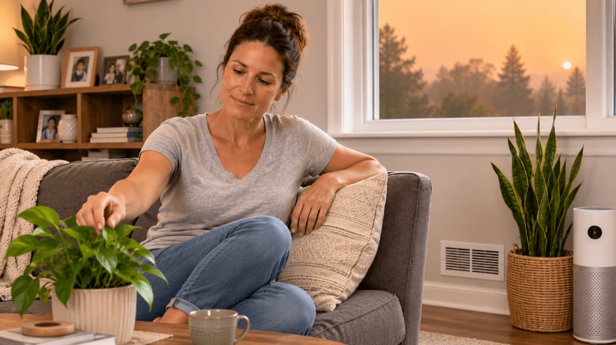 Woman sitting comfortably on a living room sofa, gently touching a houseplant beside an air purifier and wall air vent, with natural indoor light and a hazy orange sky visible through the window after wildfire smoke.