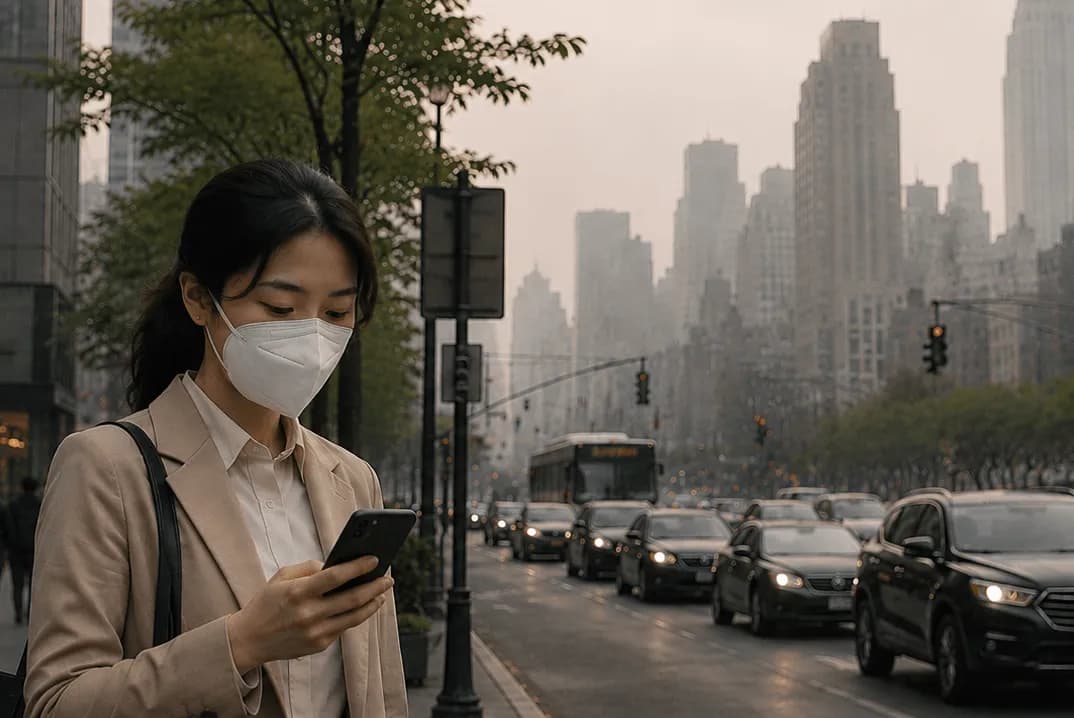 Person checking AQI near me on a smartphone while wearing a mask in city pollution