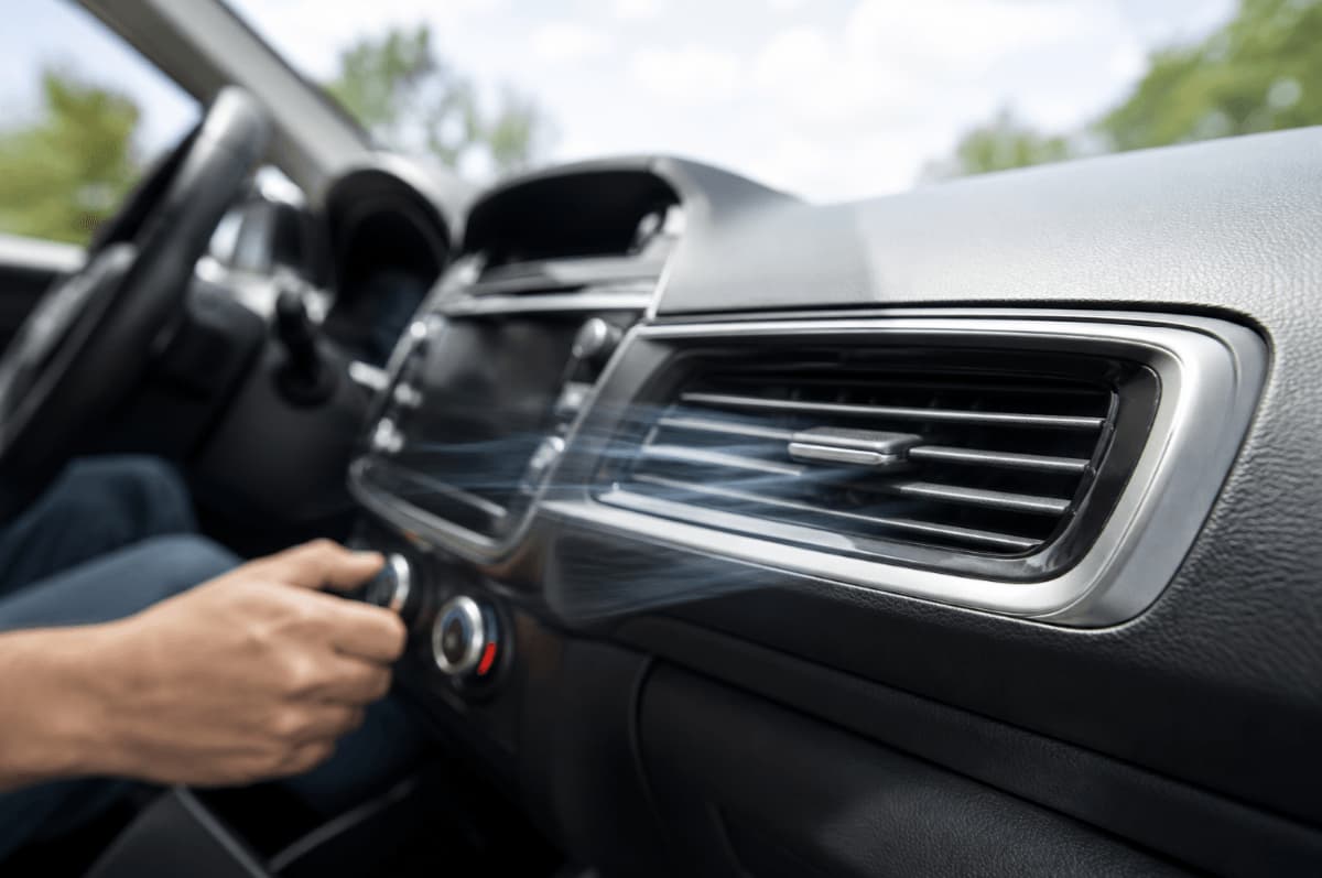 Dashboard air vent in a car with the air conditioning running.