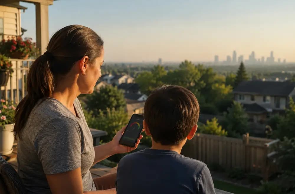 A parent and child at home on a hazy summer afternoon checking an air quality app.