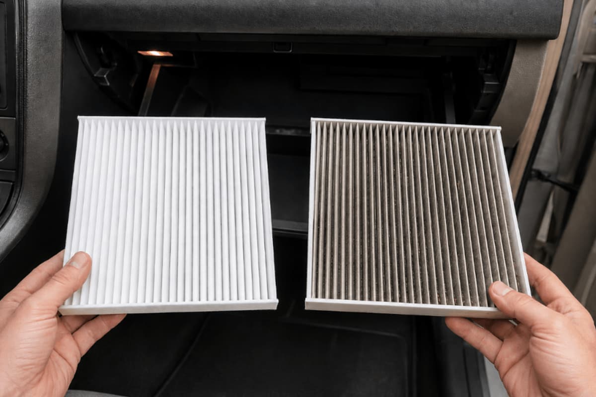 Clean vs. slightly dirty cabin air filter comparison held in front of an open glove box, showing when to replace your cabin air filter for cleaner in-car air and better HVAC performance.