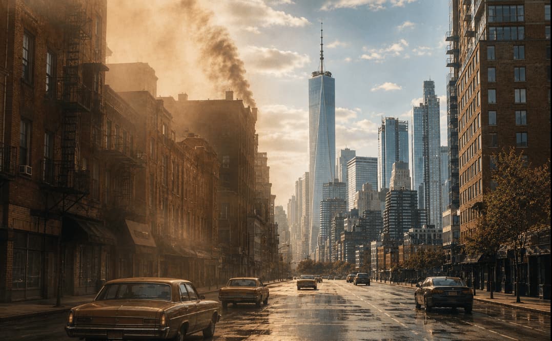 U.S. city skyline showing heavy 1970s air pollution beside the same view under present-day air quality.