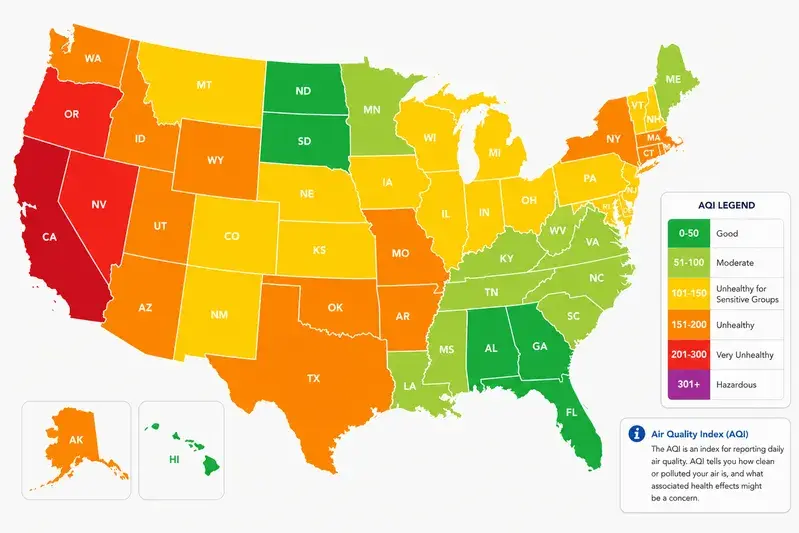 U.S. AQI map by ZIP Code displaying regional air quality levels and pollution risk categories