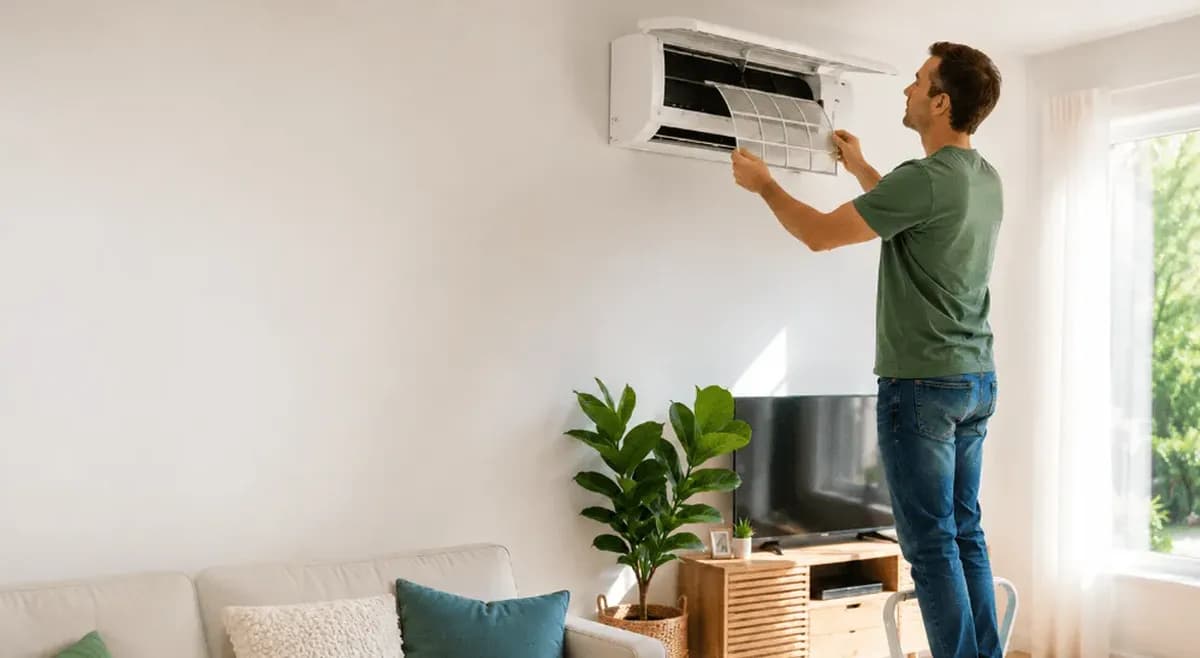 Homeowner sliding the mesh filter out of a wall-mounted ductless mini split to clean it.