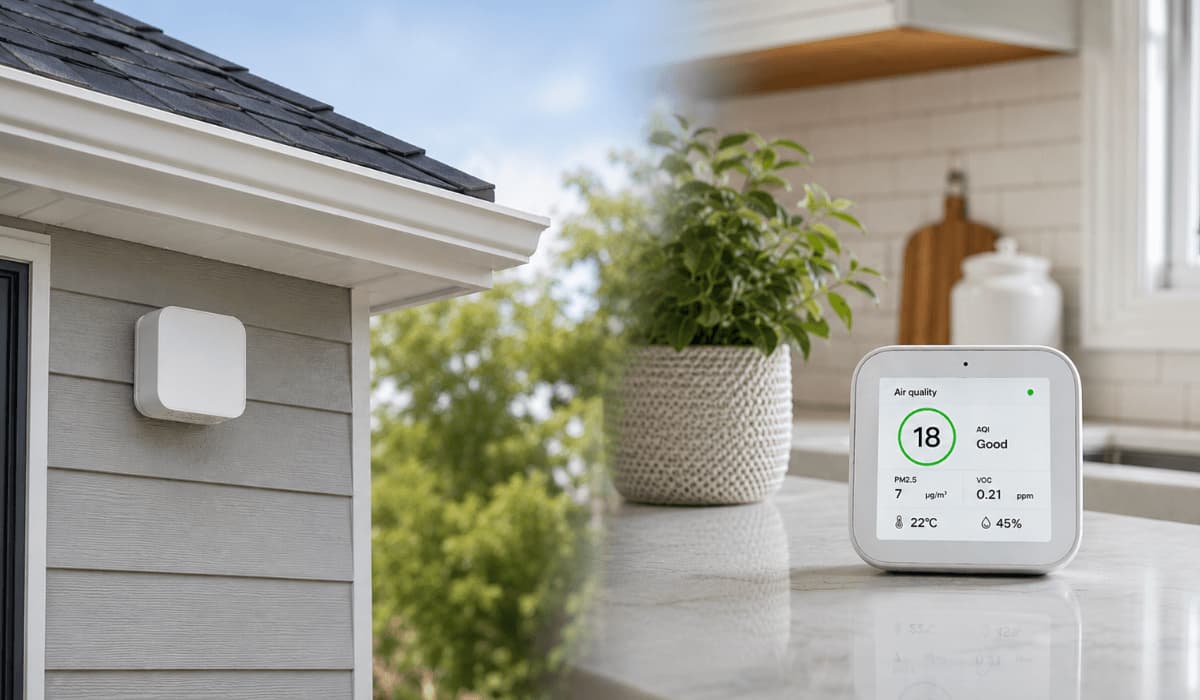 Comparison of outdoor and indoor air quality monitors tracking real-time AQI and pollutant levels.