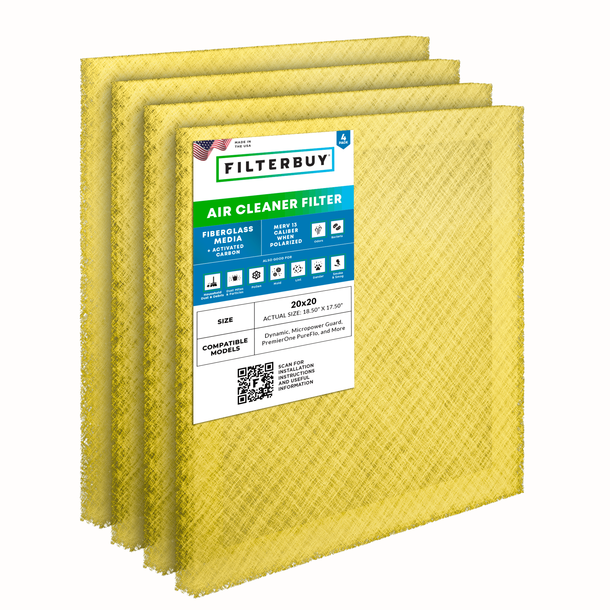 20x20 Carbon Air Cleaner Replacement Pads MERV 13 (4-Pack) - 1 Quantity